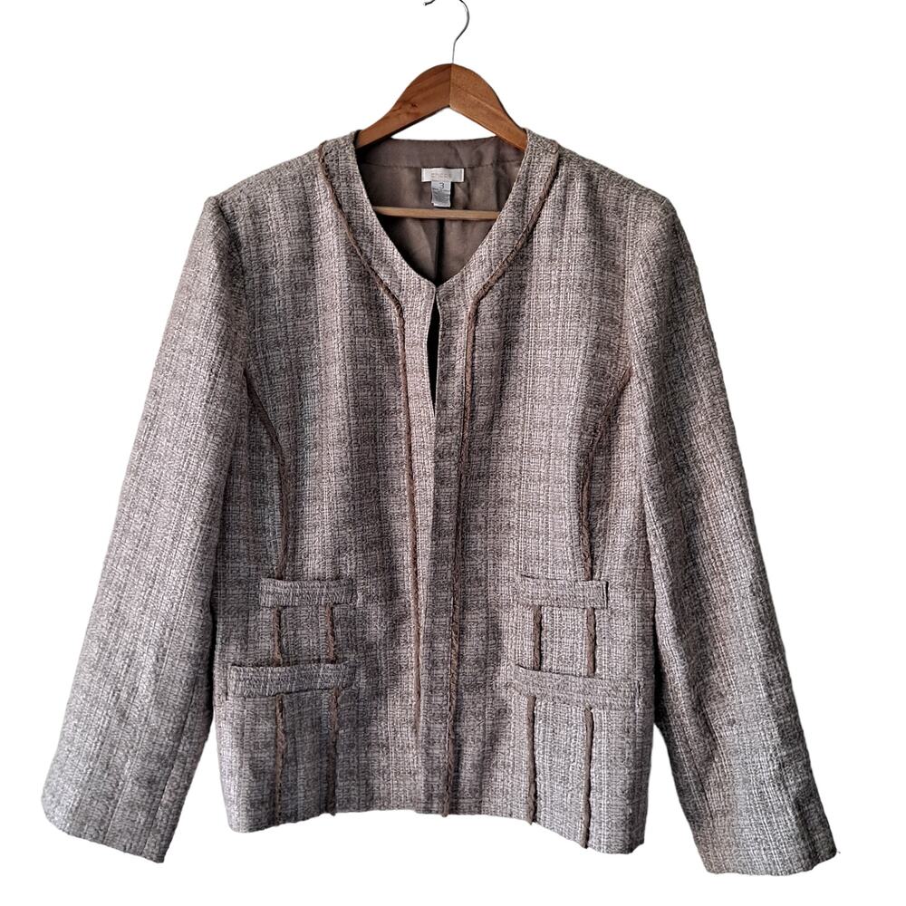 Chicos Tan & Beige Collarles Tweed Jacket with Frindges - Size Chico's 3 (US 16)